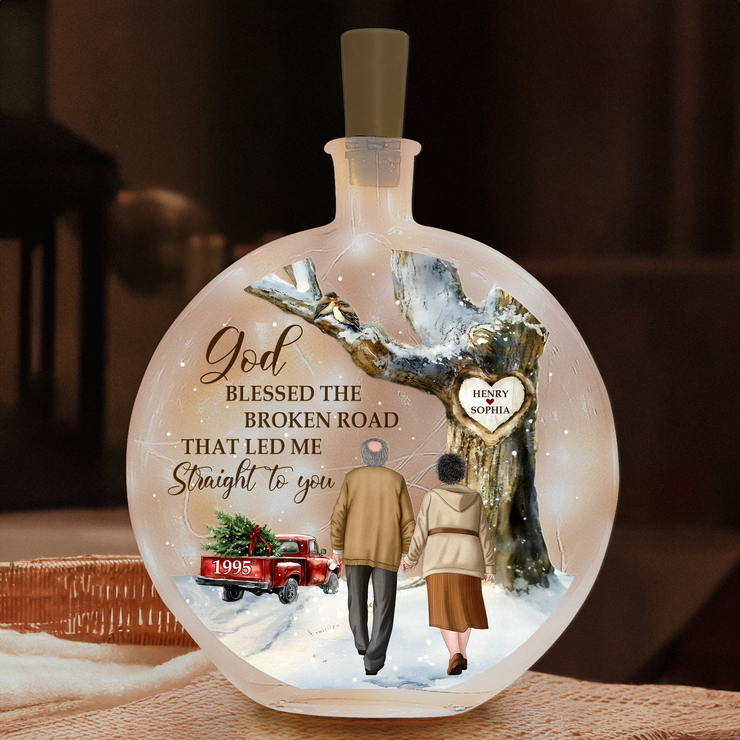 God Blessed The Broken Road - Personalized Round Flat Bottle Light