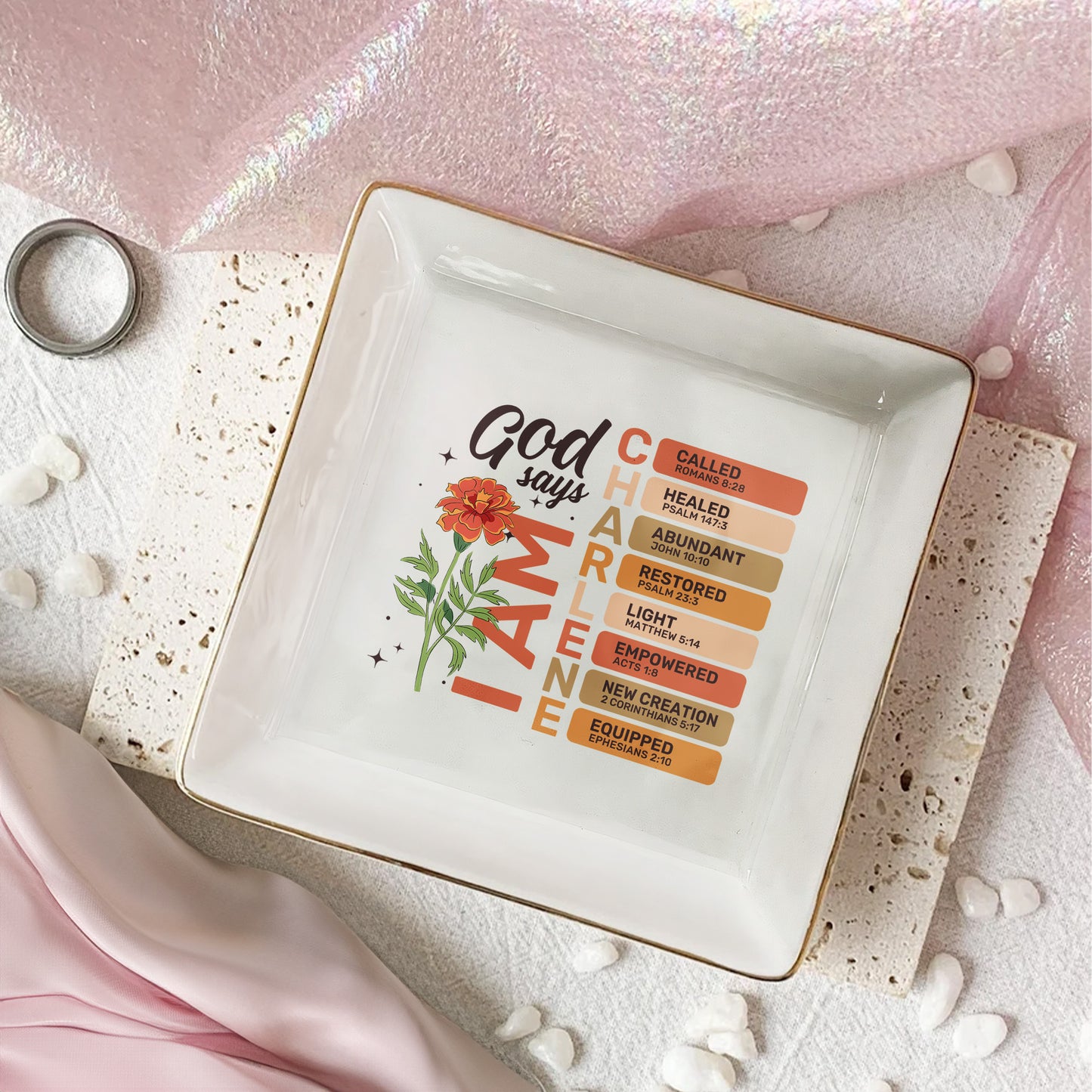 God Says I Am With Birth Flower And Bible Verses - Personalized Jewelry Dish