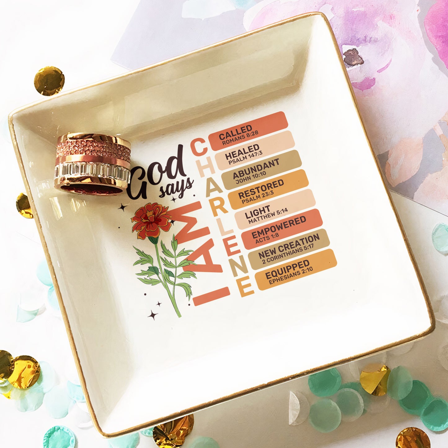 God Says I Am With Birth Flower And Bible Verses - Personalized Jewelry Dish