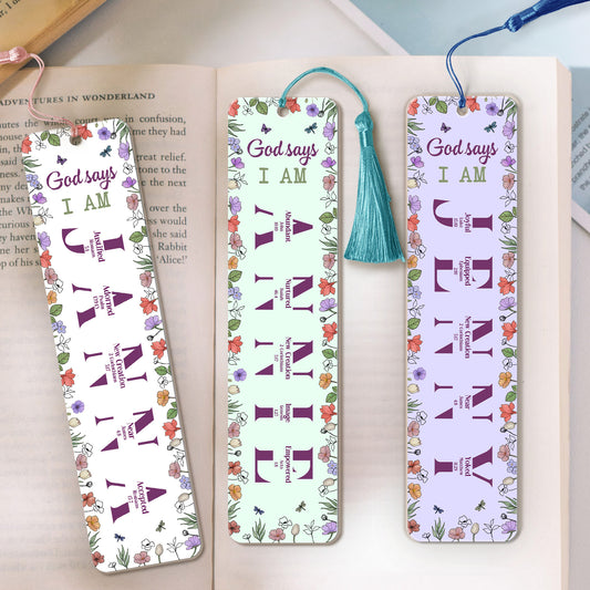 God Says I Am And Name Letter In Bible Verses - Custom Acrylic Bookmark