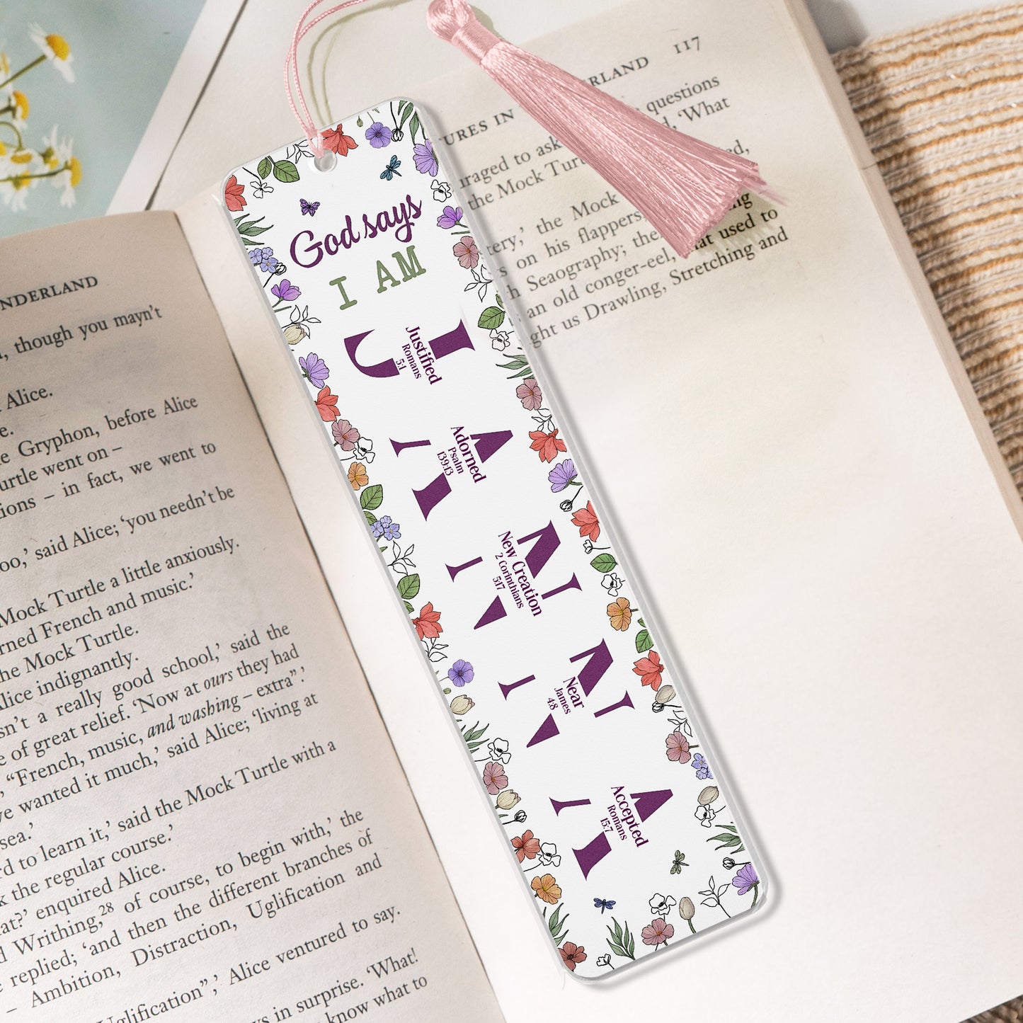 God Says I Am And Name Letter In Bible Verses - Custom Acrylic Bookmark