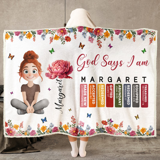 God Says I Am Cartoon With Name Letter In Bible - Personalized Wearable Blanket Hoodie