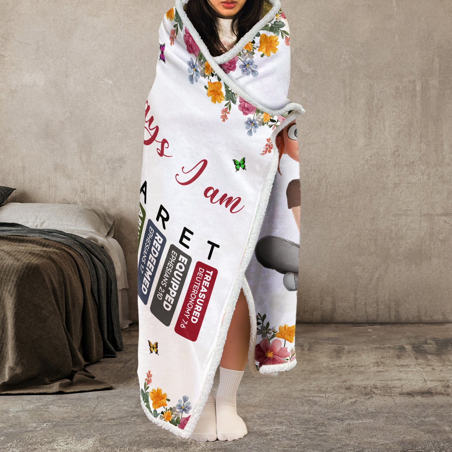 God Says I Am Cartoon With Name Letter In Bible - Personalized Wearable Blanket Hoodie