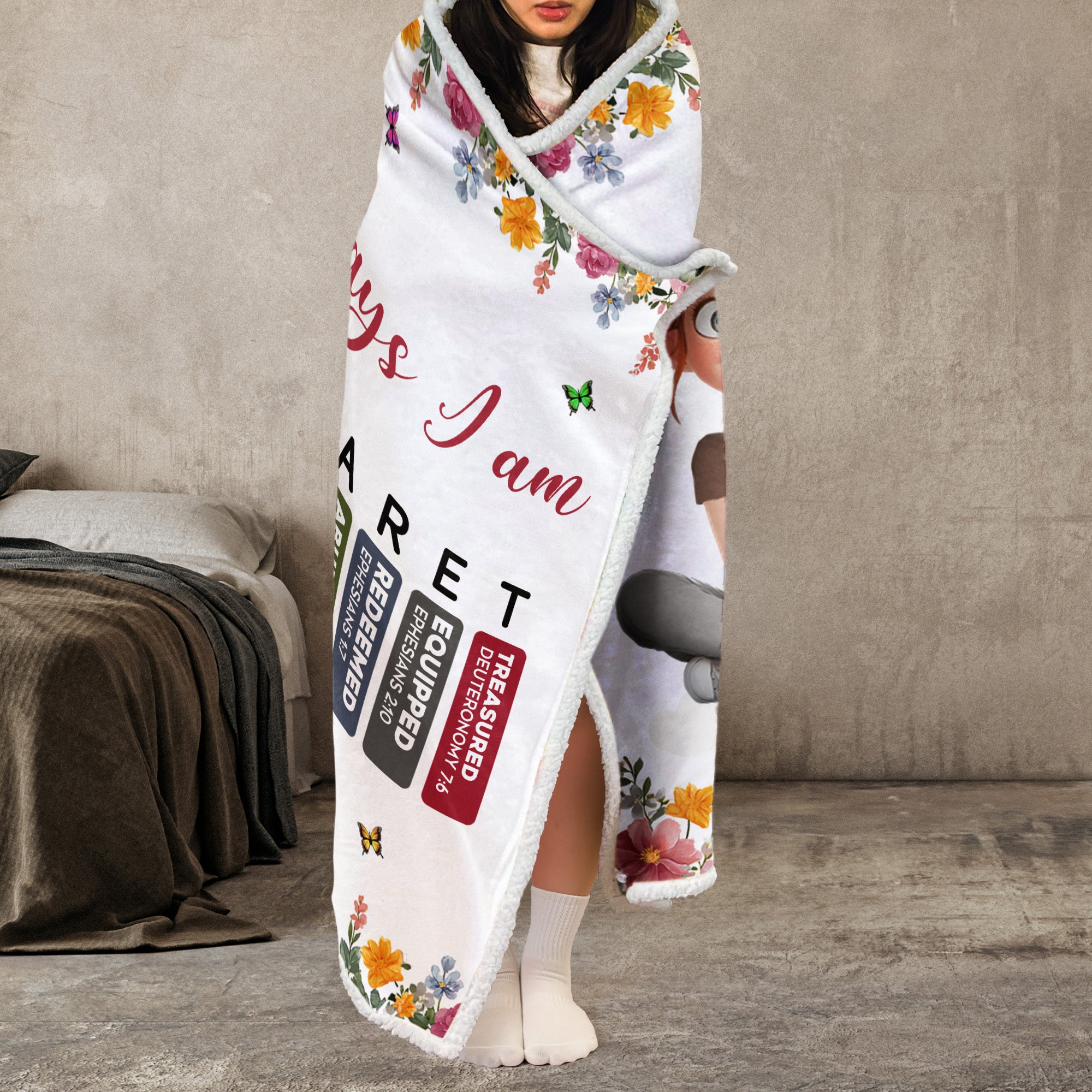 God Says I Am Cartoon With Name Letter In Bible - Personalized Wearable Blanket Hoodie