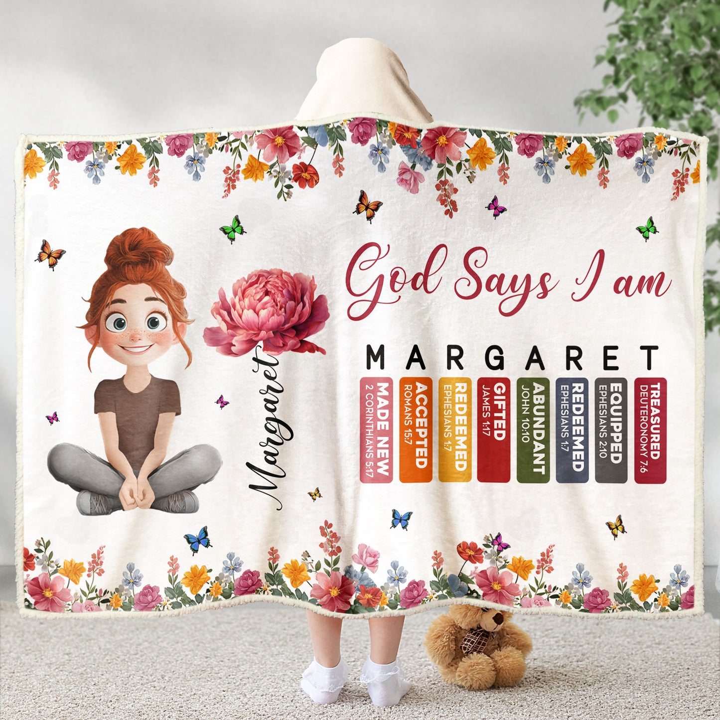 God Says I Am Cartoon With Name Letter In Bible - Personalized Wearable Blanket Hoodie