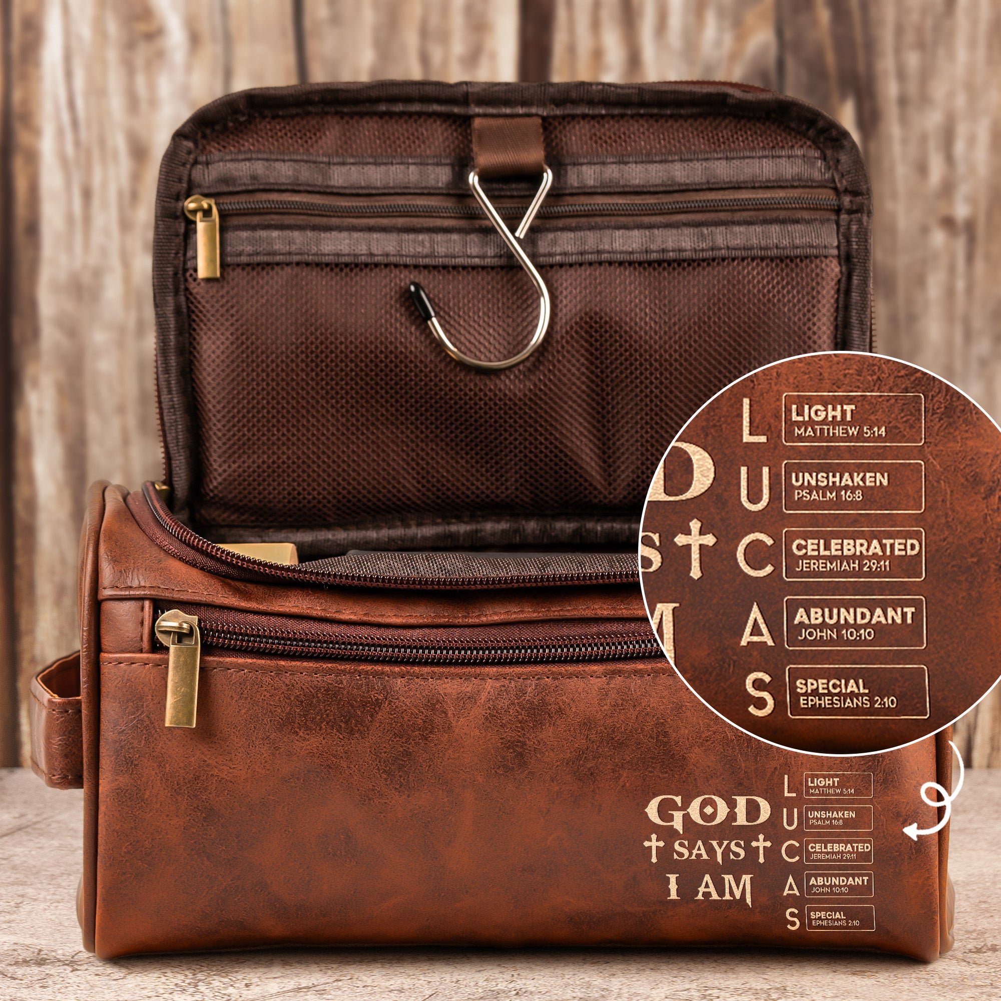 God Says I Am Custom Name In Bible Verse For Men, Husband, Son - Personalized Leather Toiletry Bag