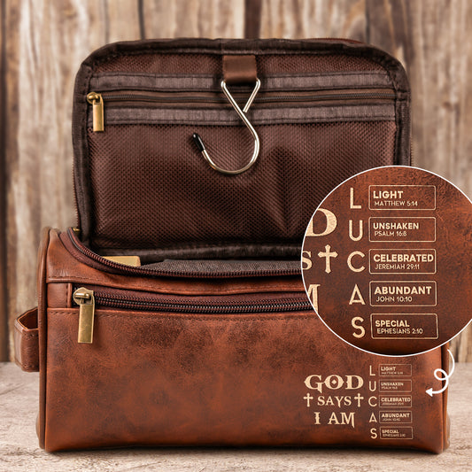 God Says I Am Custom Name In Bible Verse For Men, Husband, Son - Personalized Leather Toiletry Bag