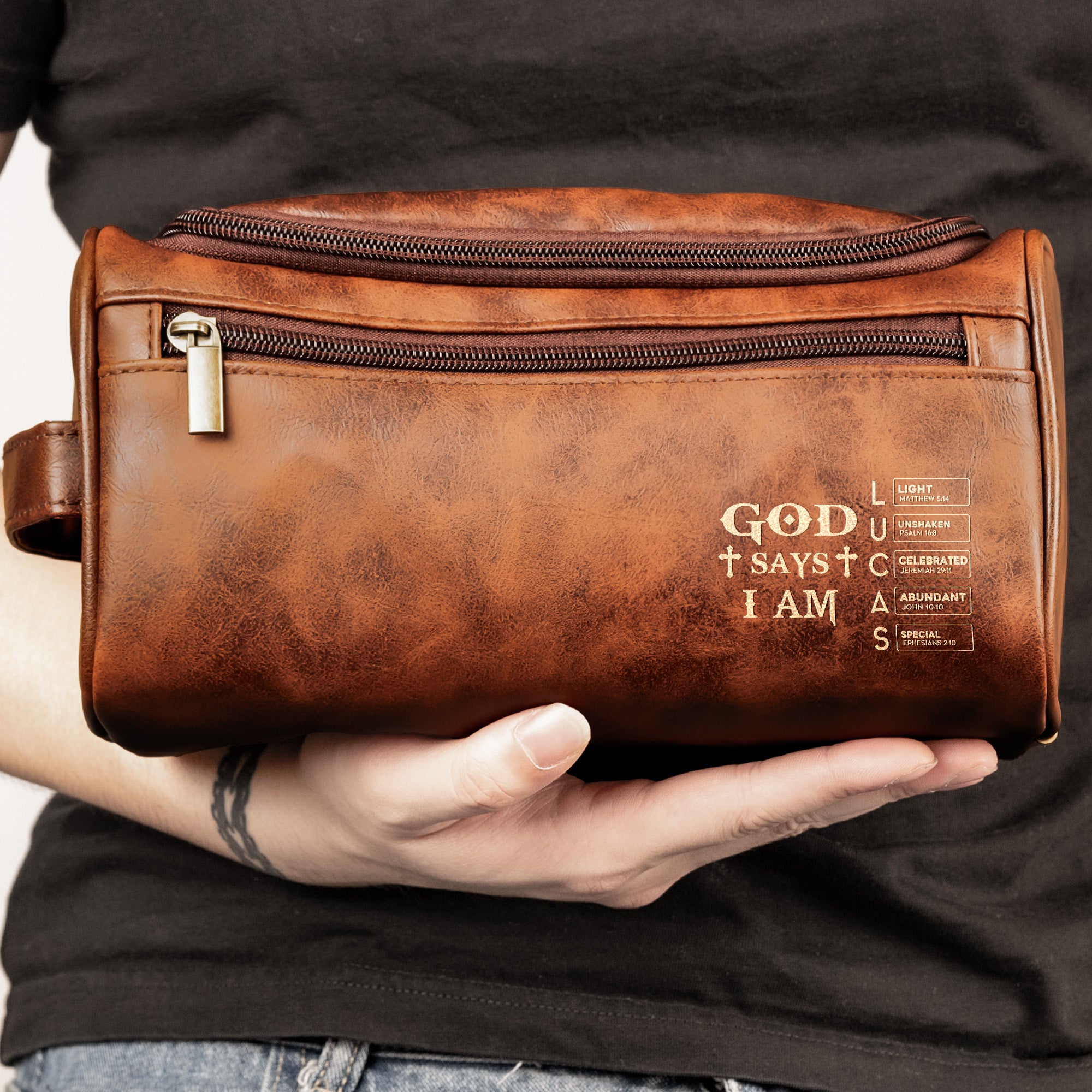 God Says I Am Custom Name In Bible Verse For Men, Husband, Son - Personalized Leather Toiletry Bag