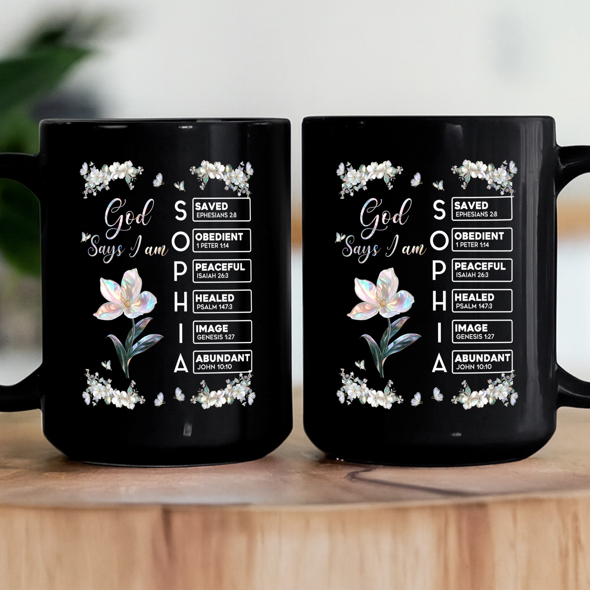 God Says I Am Custom Name In Bible Verses Birth Flower Pearl Effect Printed - Personalized Mug