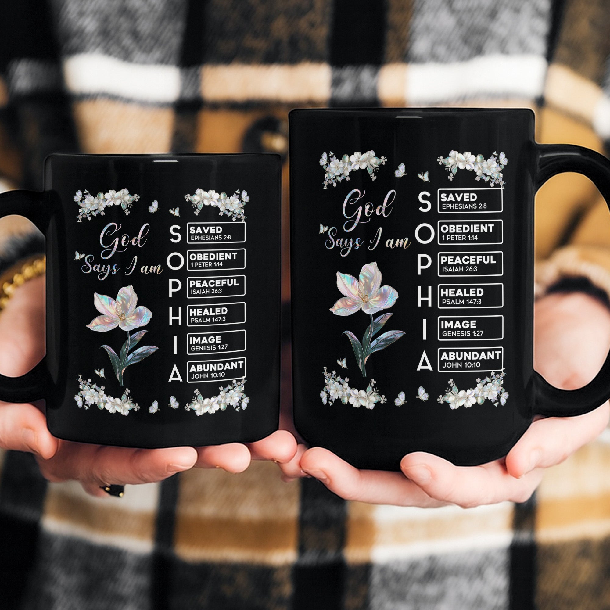 God Says I Am Custom Name In Bible Verses Birth Flower Pearl Effect Printed - Personalized Mug