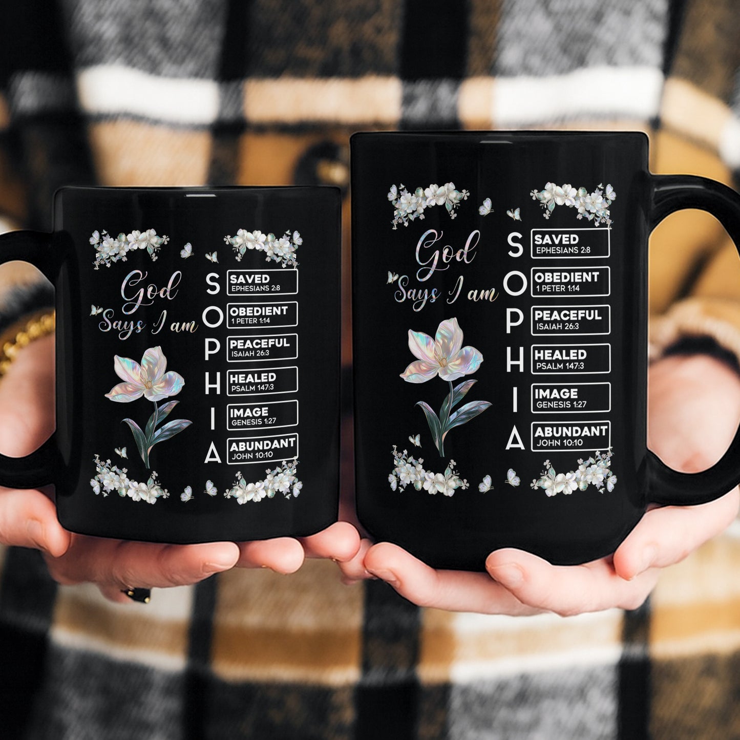 God Says I Am Custom Name In Bible Verses Birth Flower Pearl Effect Printed - Personalized Mug