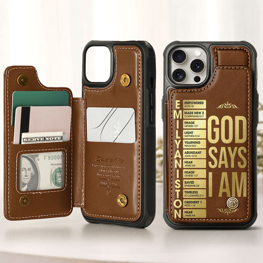 God Says I Am - Custom Name With Bible Verses - Personalized Leather Flip Wallet Phone Case