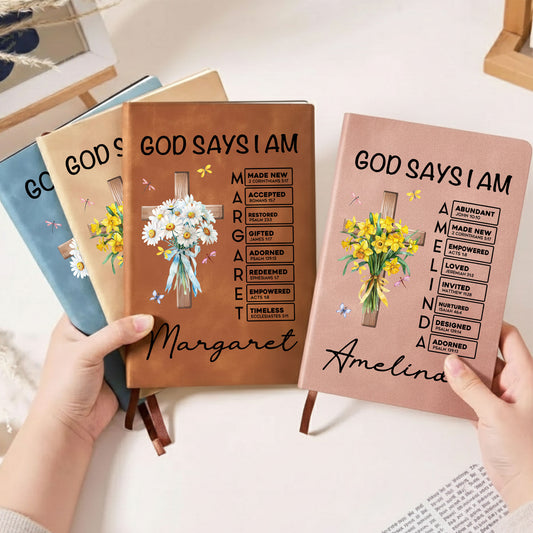 God Says I Am Name In Bible Verse Birth Flower - Personalized Leather Journal