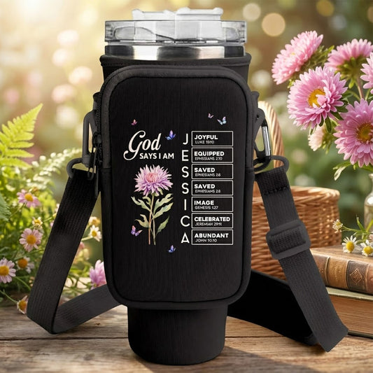 God Says I Am Name In Bible Verse New Version - Personalized Water Bottle Carrier Bag With Phone Pocket
