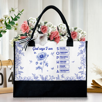 God Says I Am Name In Bible Verse - Personalized Canvas Tote Bag