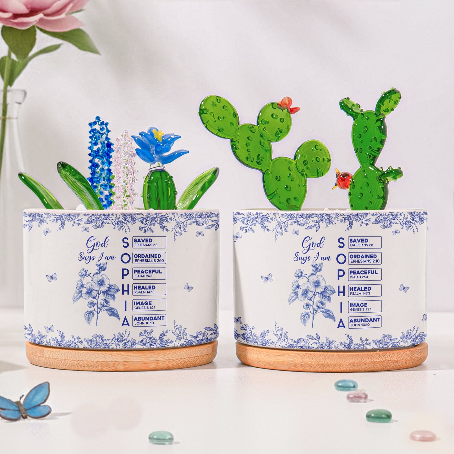 God Says I Am Name In Bible Verse - Personalized Plant Pot With Glass Succulents