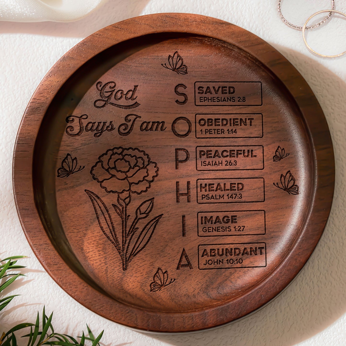 God Says I Am Name In Bible Verse - Personalized Wood Ring Dish