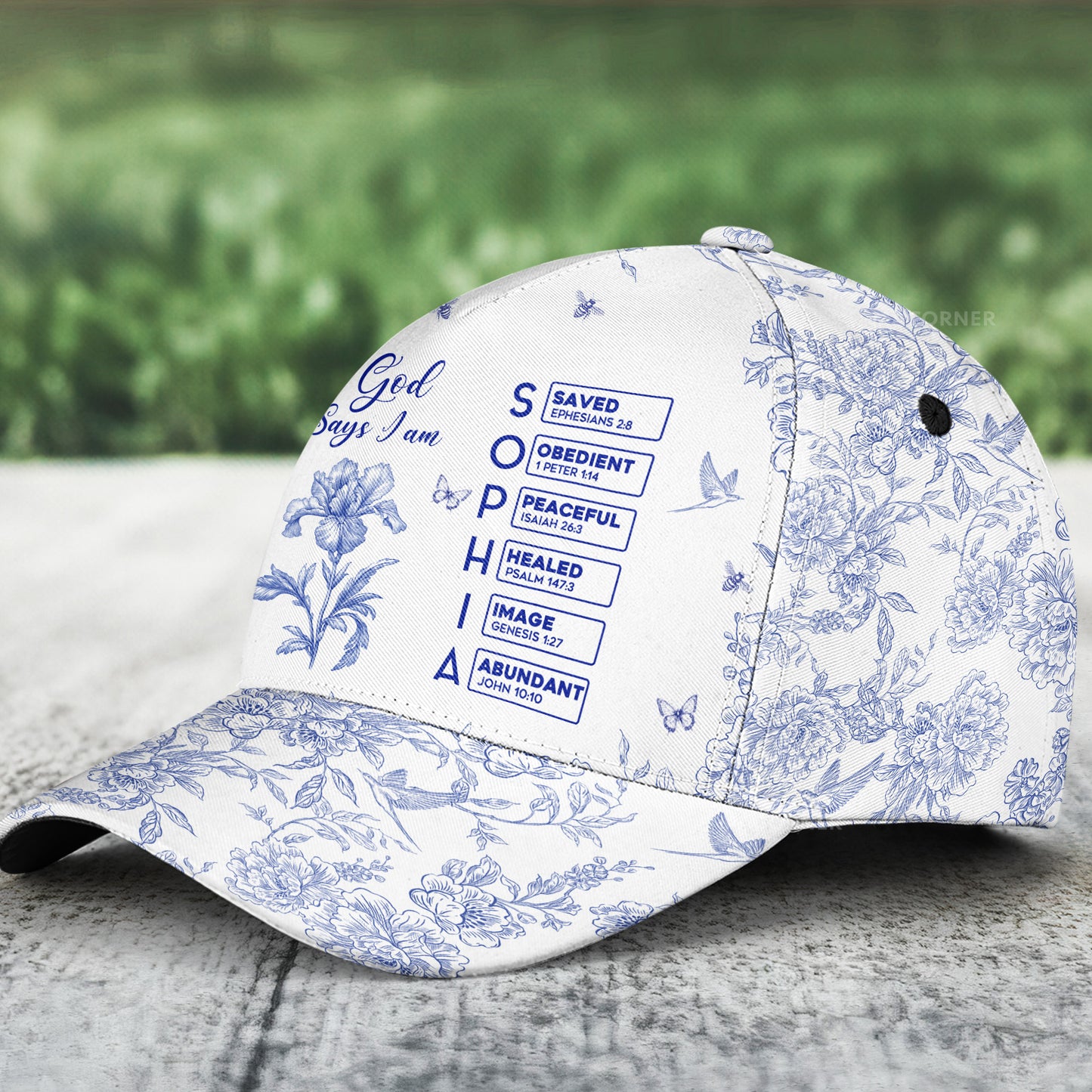 God Says I Am Name In Bible Verse Toile De Jouy Style - Personalized Classic Cap