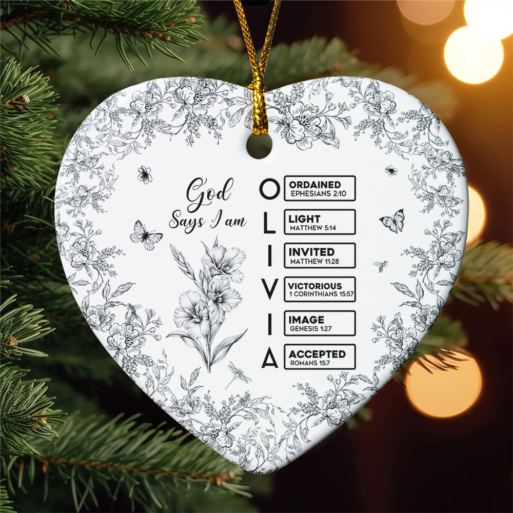 God Says I Am – Name Initial with Bible Verses – Personalized Ceramic Ornament