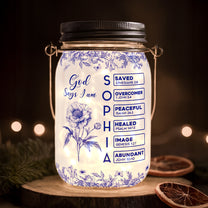 God Says I Am Name Letter In Bible Birth Flower Toile De Jouy - Personalized Solar Mason Jar Light