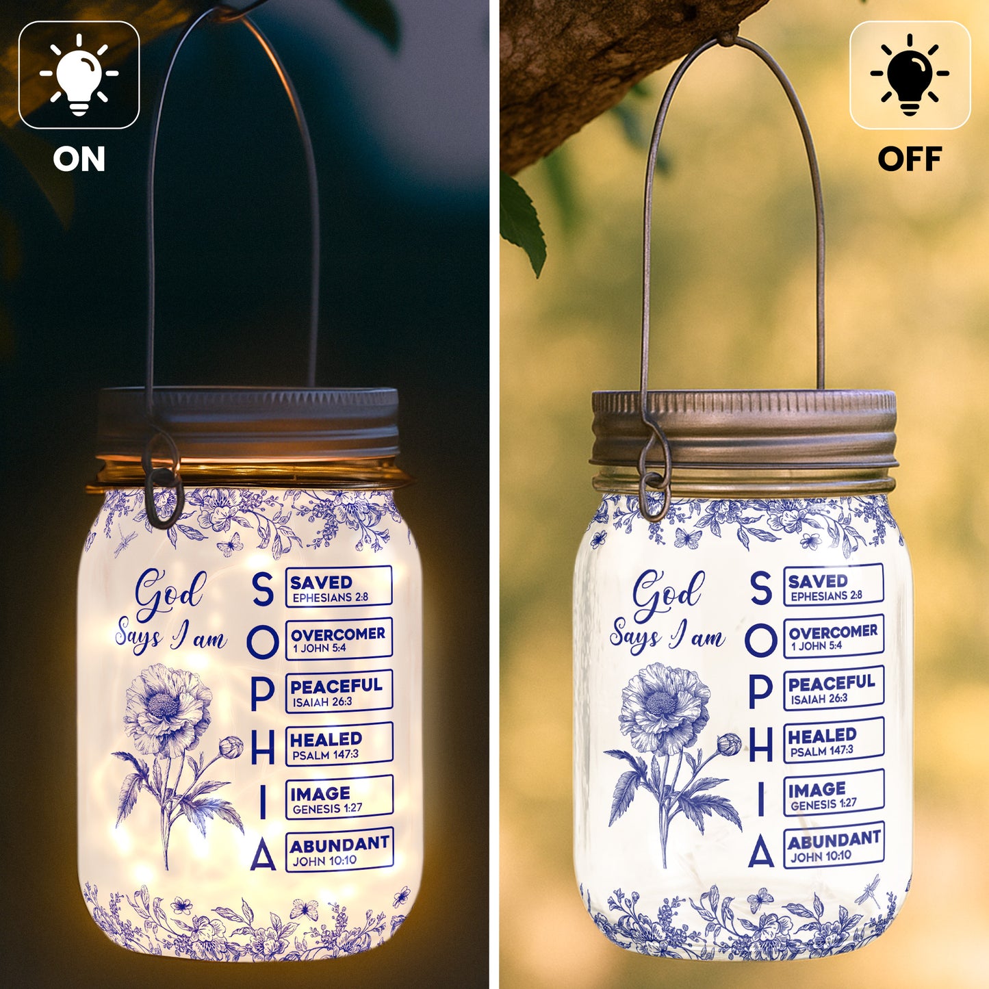 God Says I Am Name Letter In Bible Birth Flower Toile De Jouy - Personalized Solar Mason Jar Light