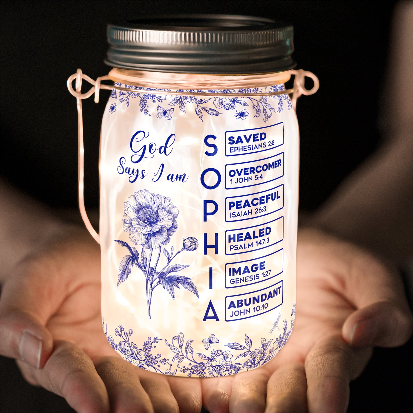God Says I Am Name Letter In Bible Birth Flower Toile De Jouy - Personalized Solar Mason Jar Light