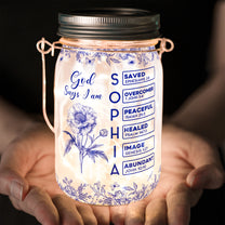 God Says I Am Name Letter In Bible Birth Flower Toile De Jouy - Personalized Solar Mason Jar Light