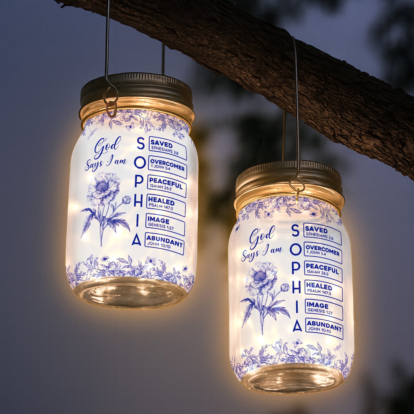 God Says I Am Name Letter In Bible Birth Flower Toile De Jouy - Personalized Solar Mason Jar Light