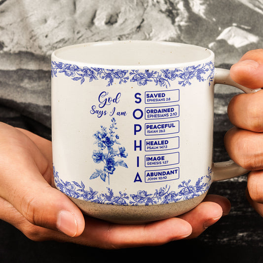 God Says I Am Name Letter In Bible Birth Flower Toile De Jouy Style - Personalized Pottery Mug