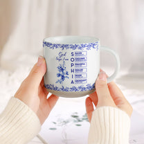 God Says I Am Name Letter In Bible Birth Flower Toile De Jouy Style - Personalized Pottery Mug
