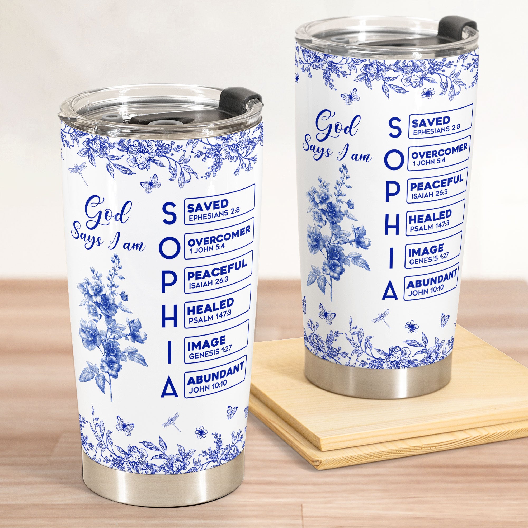 God Says I Am Name Letter In Bible Birth Flower Toile De Jouy Style - Personalized Tumbler Cup