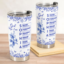 God Says I Am Name Letter In Bible Birth Flower Toile De Jouy Style - Personalized Tumbler Cup