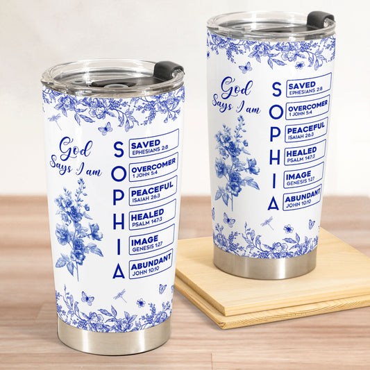 God Says I Am Name Letter In Bible Birth Flower Toile De Jouy Style - Personalized Tumbler Cup