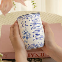 God Says I Am Name Letter In Bible Birth Flower Toile De Jouy Style - Personalized Wine Tumbler