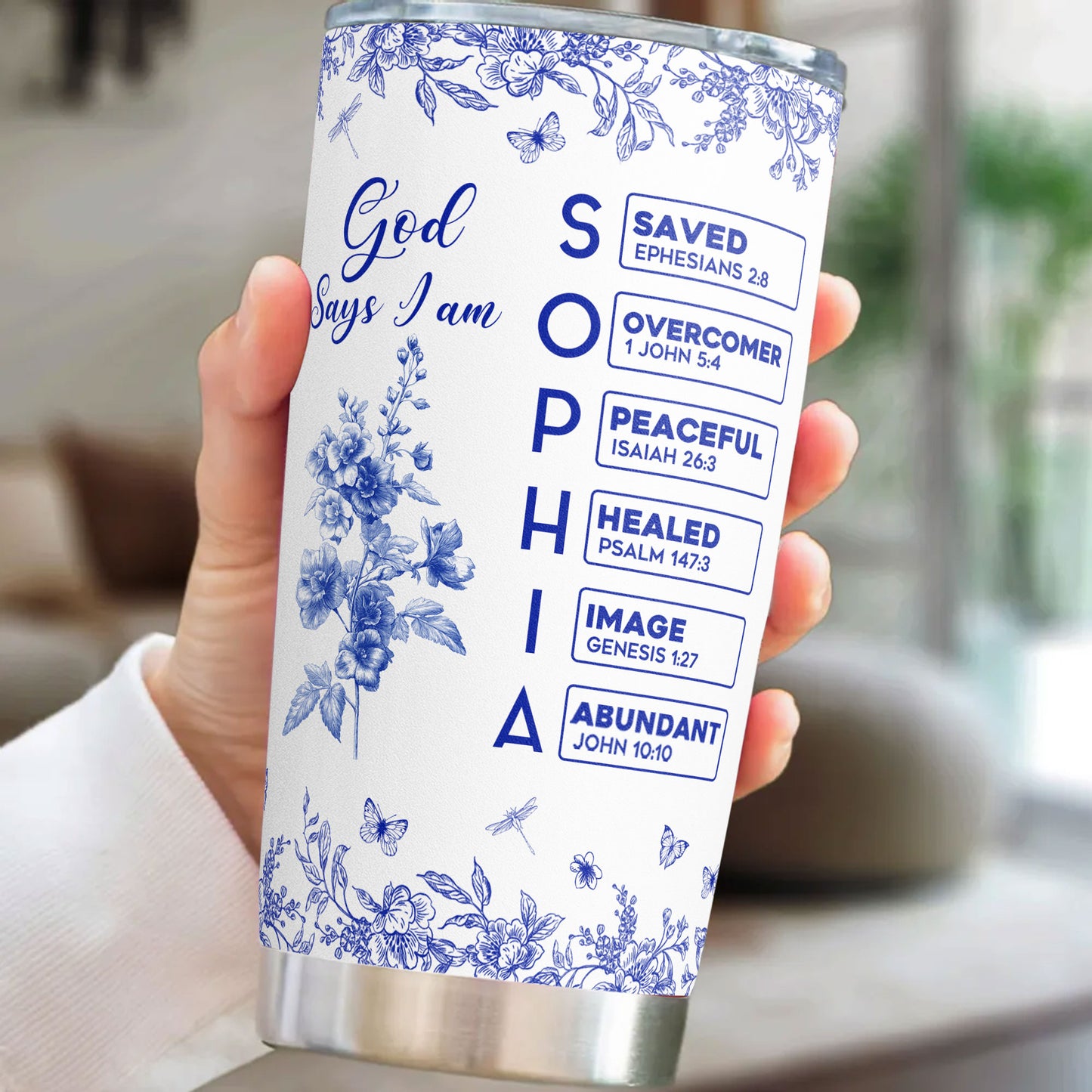 God Says I Am Name Letter In Bible Birth Flower Toile De Jouy Style - Personalized Tumbler Cup
