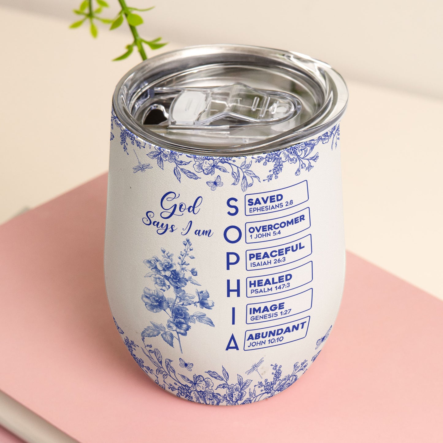 God Says I Am Name Letter In Bible Birth Flower Toile De Jouy Style - Personalized Wine Tumbler