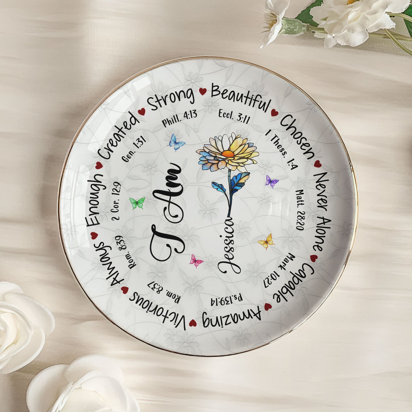 God Says I Am Name Letter In Bible Birthday Flowers - Personalized Jewelry Dish