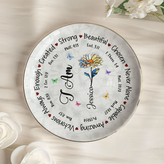 God Says I Am Name Letter In Bible Birthday Flowers - Personalized Jewelry Dish