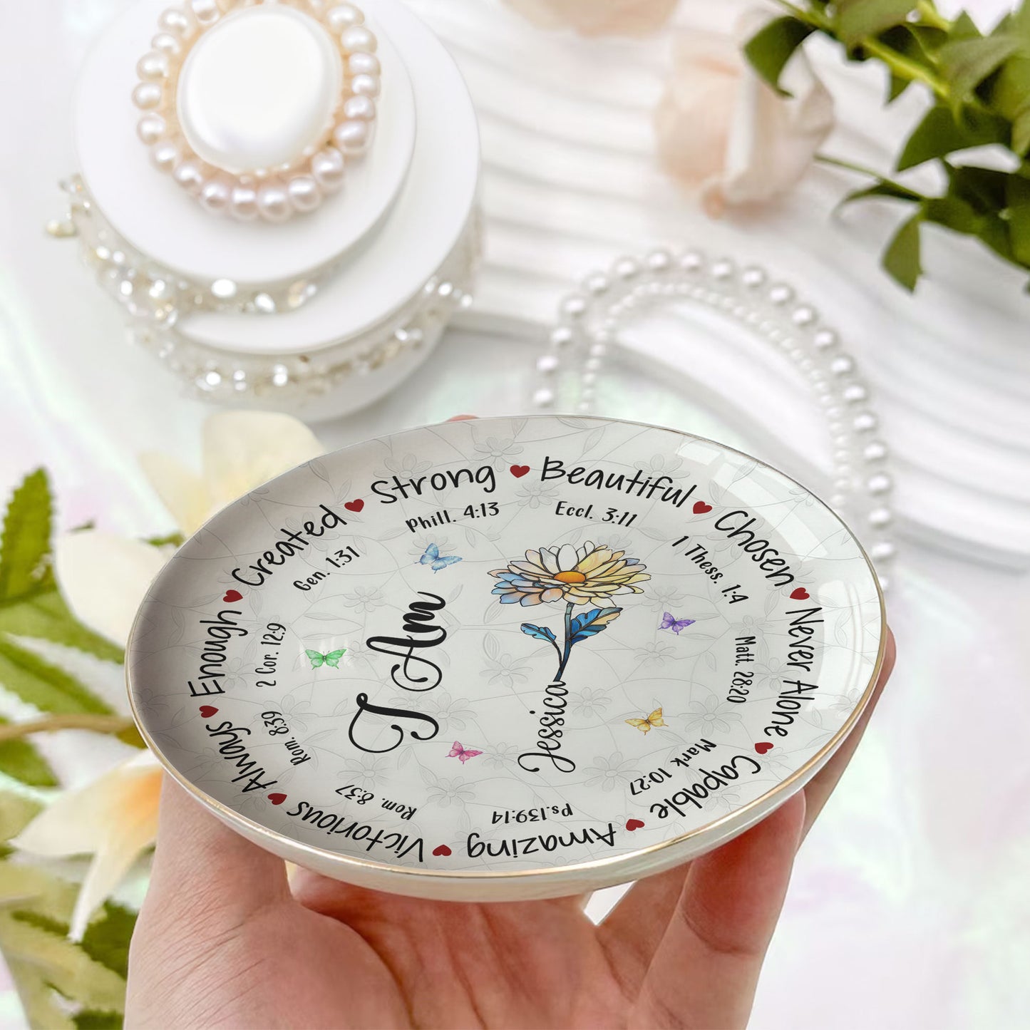 God Says I Am Name Letter In Bible Birthday Flowers - Personalized Jewelry Dish