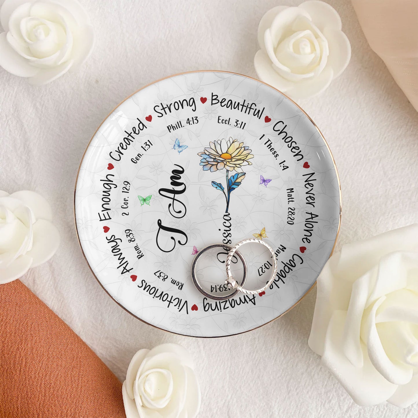 God Says I Am Name Letter In Bible Birthday Flowers - Personalized Jewelry Dish