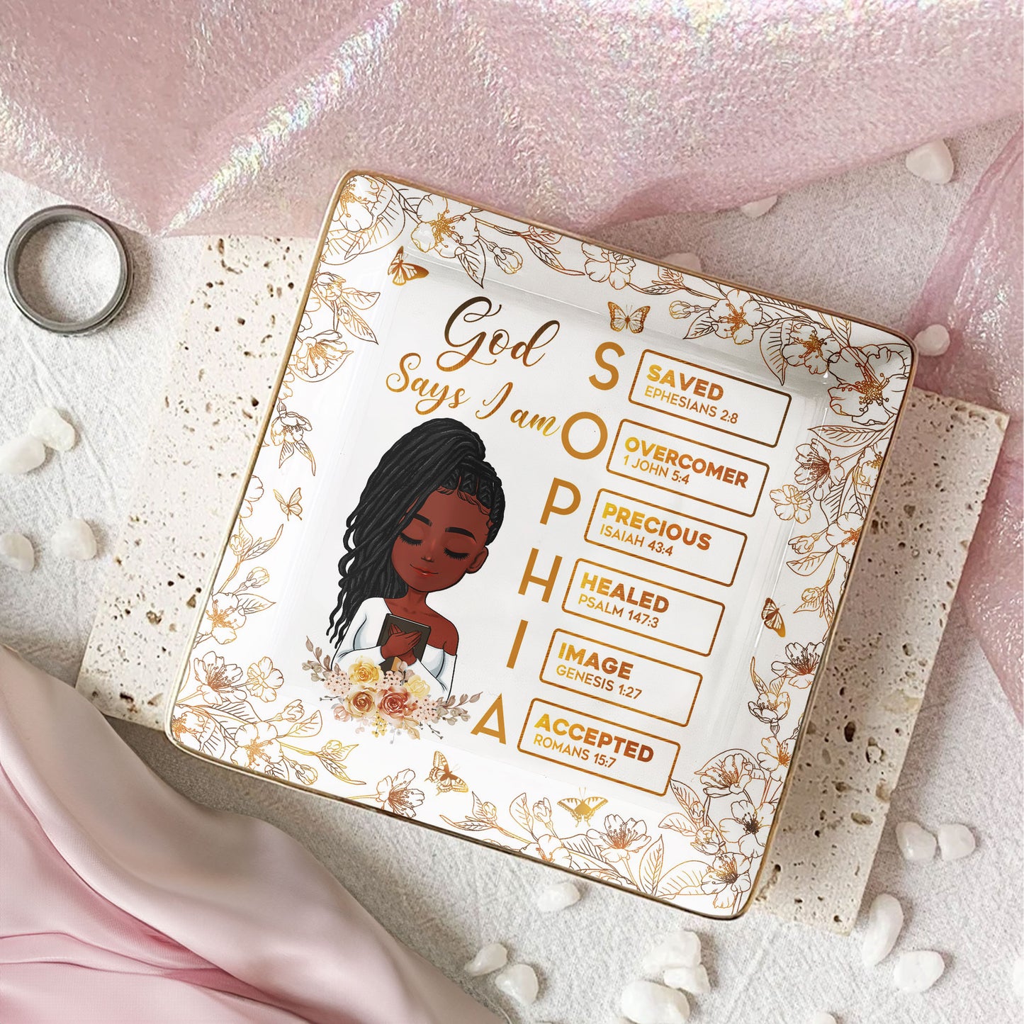 God Says I Am Name Letter In Bible - Golden Version - Personalized Jewelry Dish