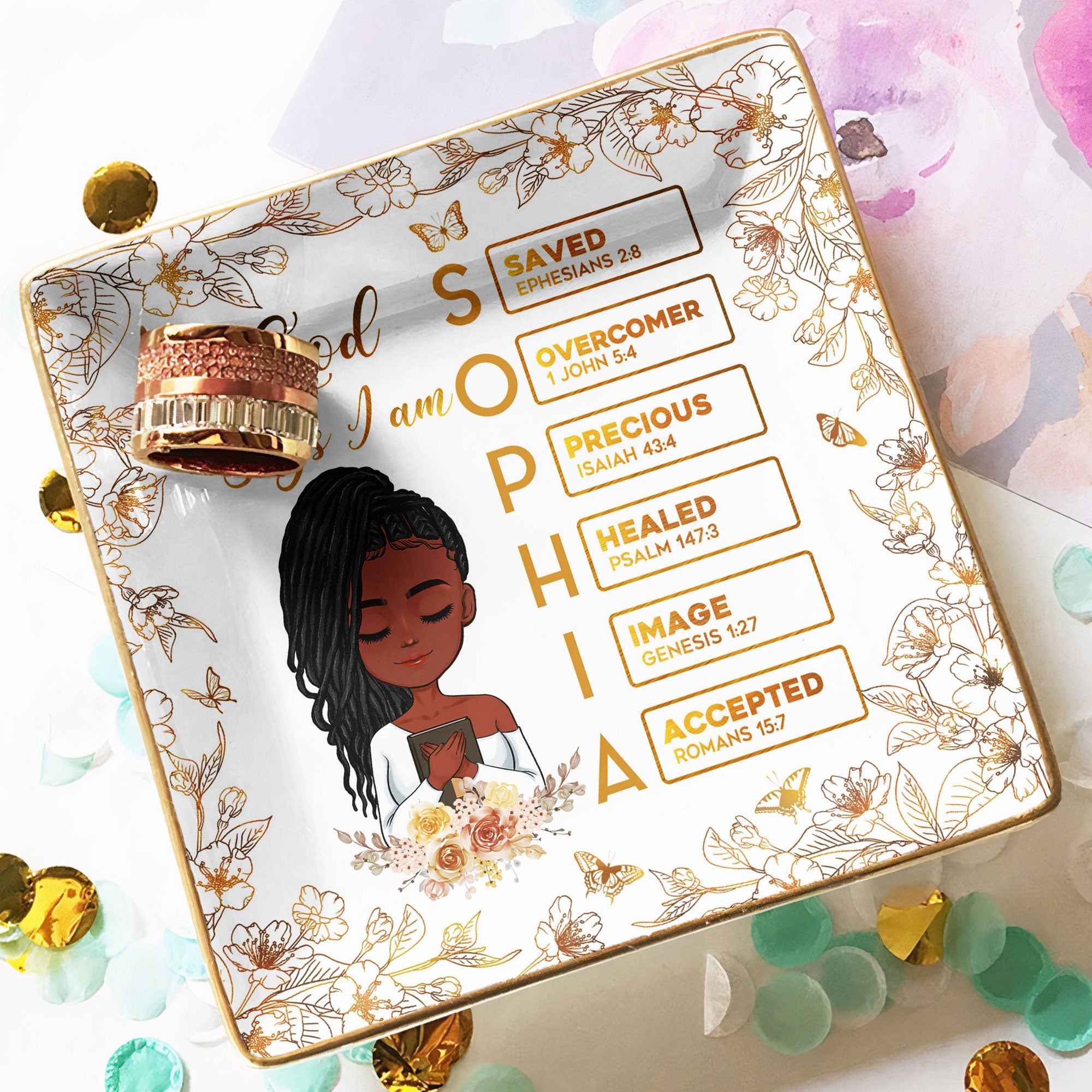 God Says I Am Name Letter In Bible - Golden Version - Personalized Jewelry Dish