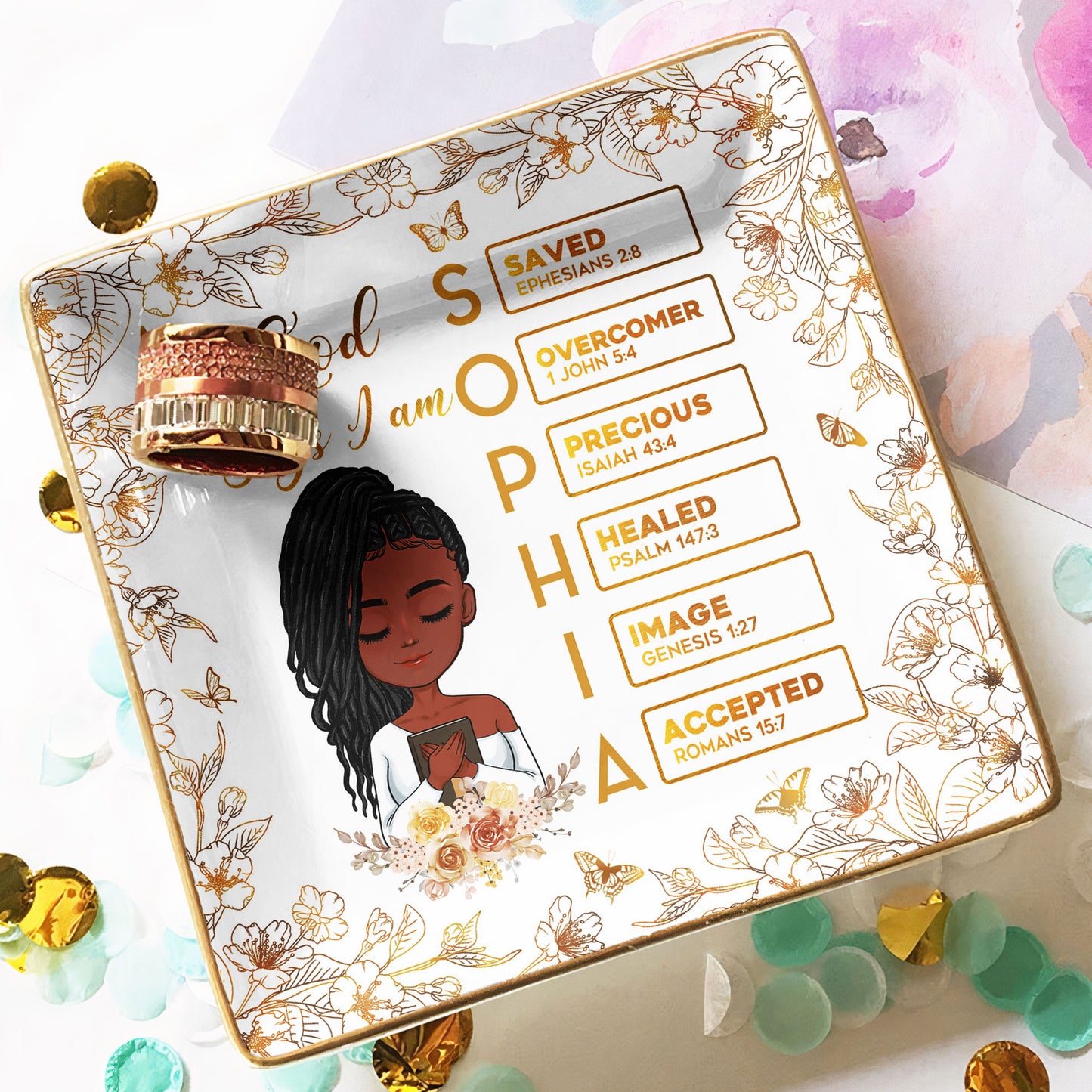 God Says I Am Name Letter In Bible - Golden Version - Personalized Jewelry Dish