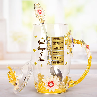 God Says I Am Name Letter In Bible - Personalized Enamel Flower Tea Cup