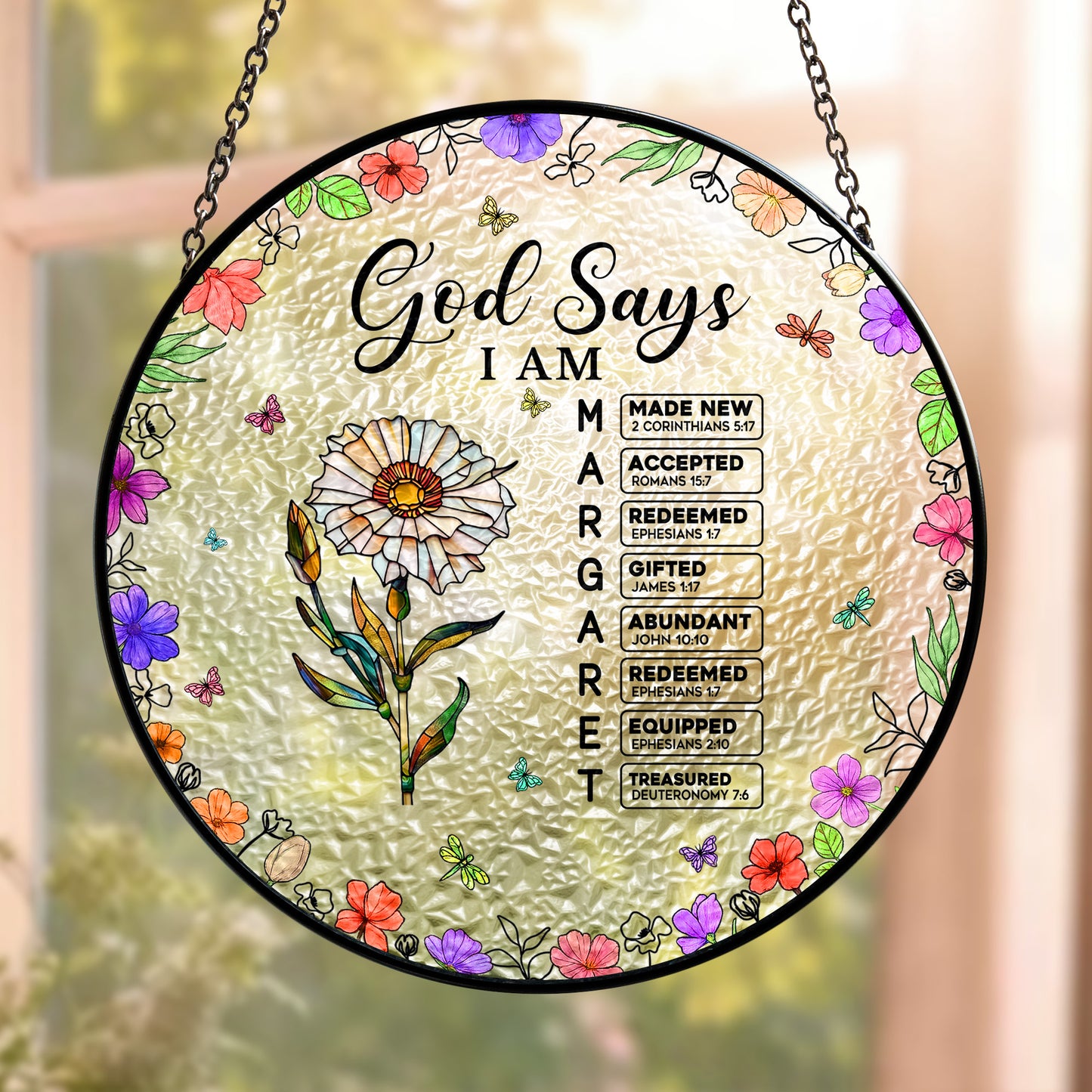 God Says I Am Name Letter In Bible - Personalized Stained Glass Window Hanging Suncatcher