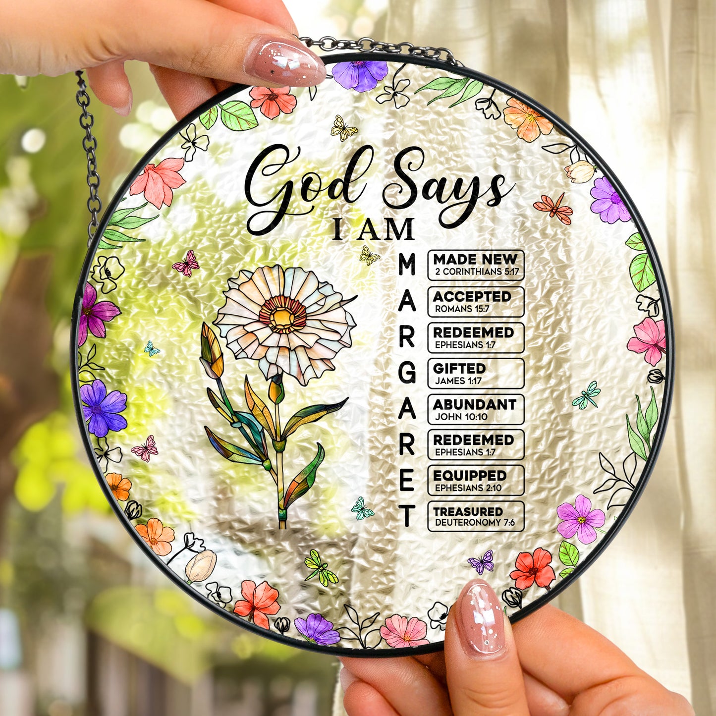 God Says I Am Name Letter In Bible - Personalized Stained Glass Window Hanging Suncatcher