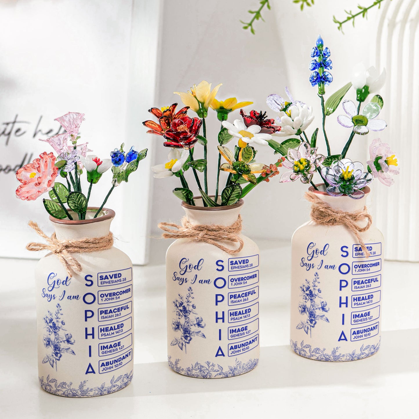 God Says I Am Name Letter In Bible - Personalized Vase With Glass Birth Month Flowers