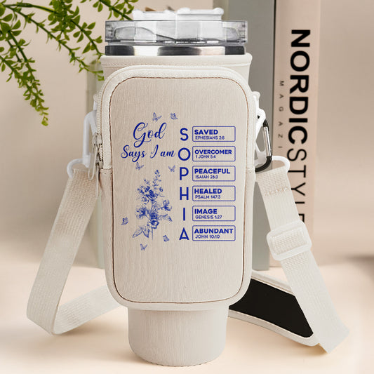 God Says I Am Name Letter In Bible - Personalized Water Bottle Carrier Bag With Phone Pocket