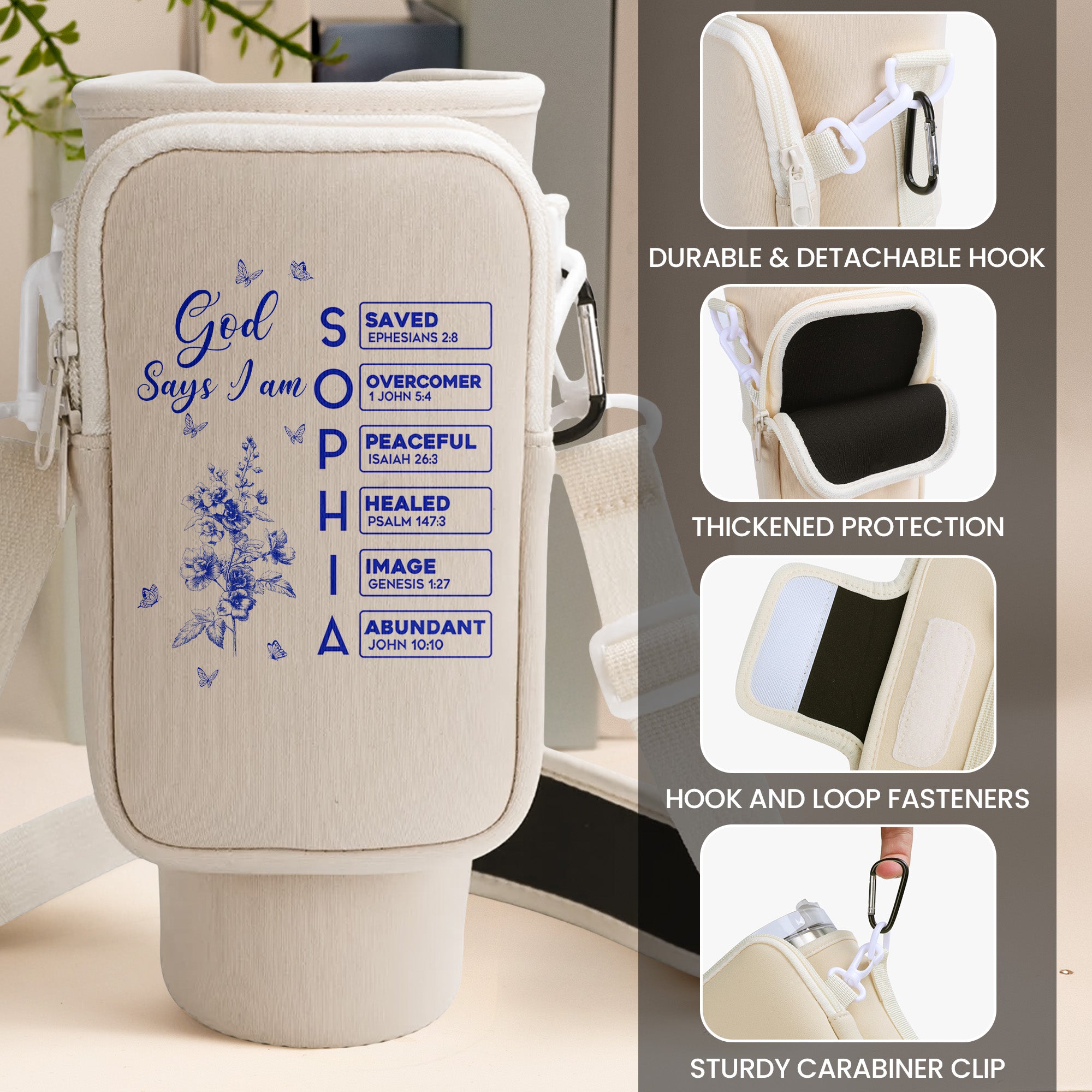 God Says I Am Name Letter In Bible - Personalized Water Bottle Carrier Bag With Phone Pocket