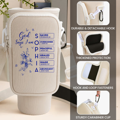 God Says I Am Name Letter In Bible - Personalized Water Bottle Carrier Bag With Phone Pocket